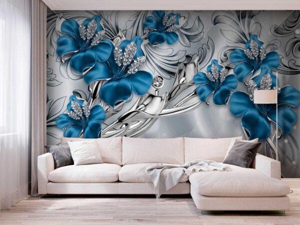 Flori albastre ornamentate cu cristale Fototapet Flori albastre ornamentate cu cristale