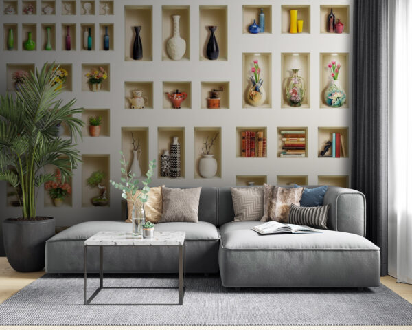 Rafturi decorative cu articole colorate expuse Fototapet Rafturi decorative cu articole colorate expuse