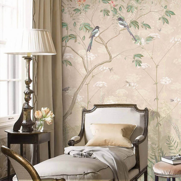 Fototapet Wallpaper cu păsări pe copaci și flori