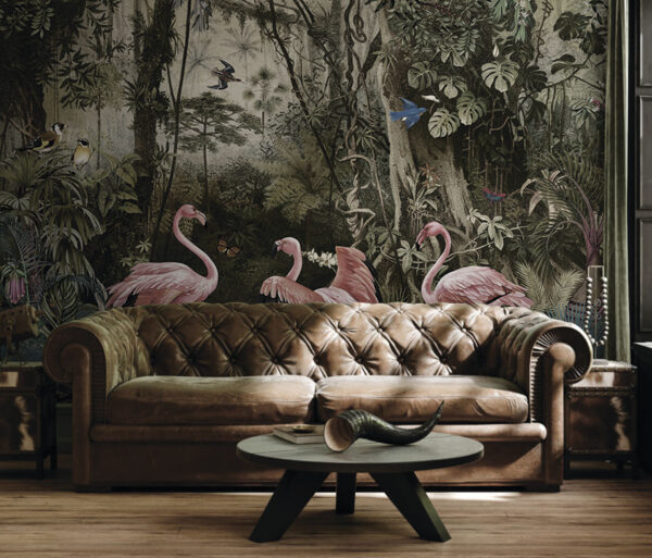 Fototapet Fototapet Flamingii împodobesc o scenă de junglă luxuriantă. (SKU: u73568)