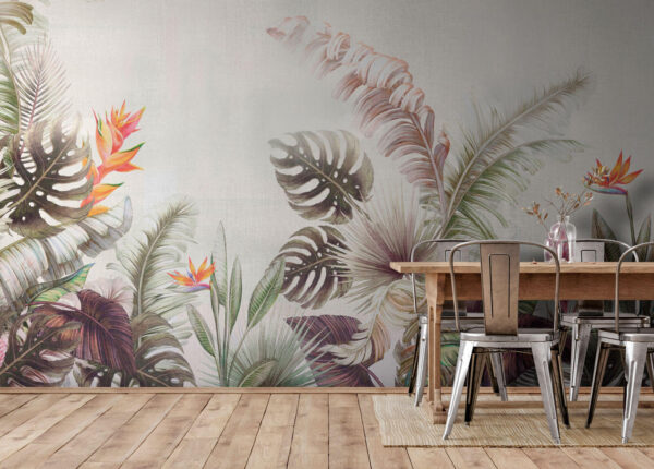 Frunze tropicale și flori vibrante Fototapet Frunze tropicale și flori vibrante