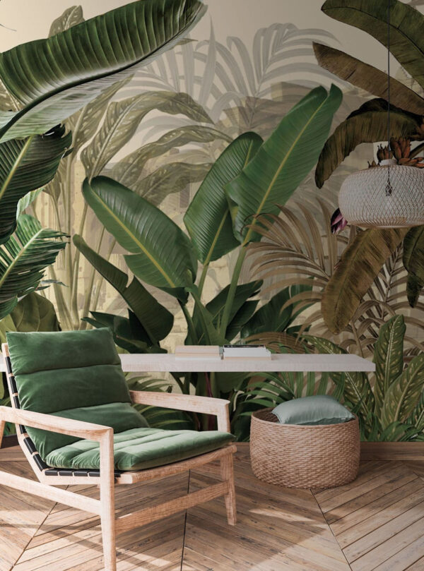 Frunze tropicale și păsări în armonie Fototapet Frunze tropicale și păsări în armonie