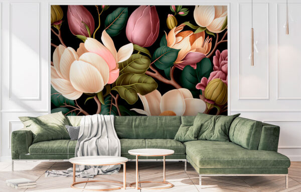 Magnolii elegante și frunze luxuriante Fototapet Magnolii elegante și frunze luxuriante