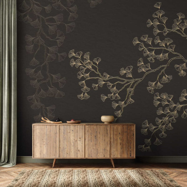 Frunze elegante de ginkgo pe fundal întunecat Fototapet Frunze elegante de ginkgo pe fundal întunecat
