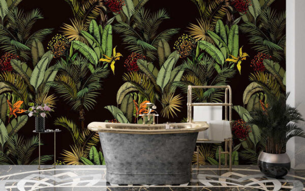 Frunziș tropical luxuriant și flori vibrante Fototapet Frunziș tropical luxuriant și flori vibrante