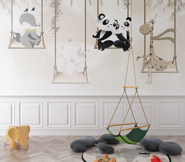 Cuplu de panda stând pe un leagăn Fototapet Cuplu de panda stând pe un leagăn