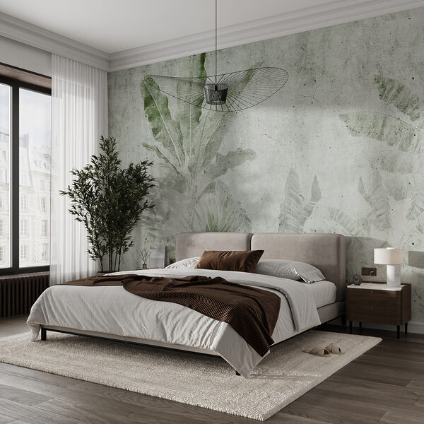 Frunze tropicale texturate pe fundal de beton Fototapet Frunze tropicale texturate pe fundal de beton