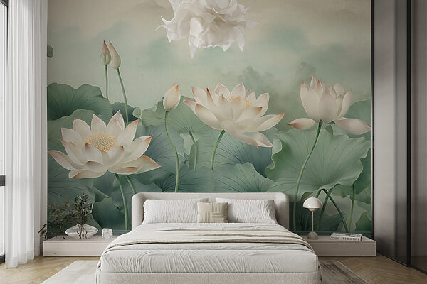 Floare de lotus senină cu frunze luxuriante Fototapet Floare de lotus senină cu frunze luxuriante