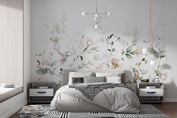 Colibri printre modele florale delicate Fototapet Colibri printre modele florale delicate