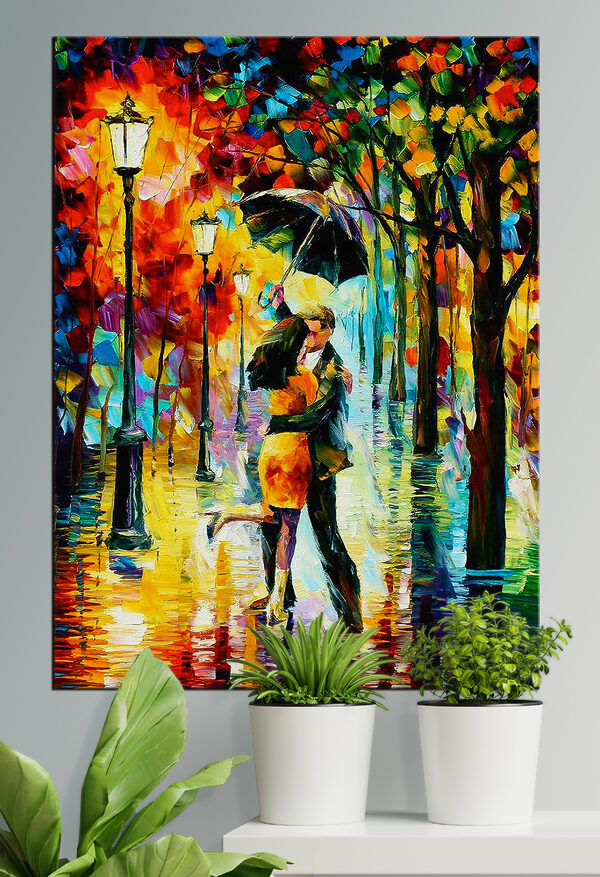 Pictură a unui cuplu sărutându-se sub o umbrelă Tablouri Pictură a unui cuplu sărutându-se sub o umbrelă