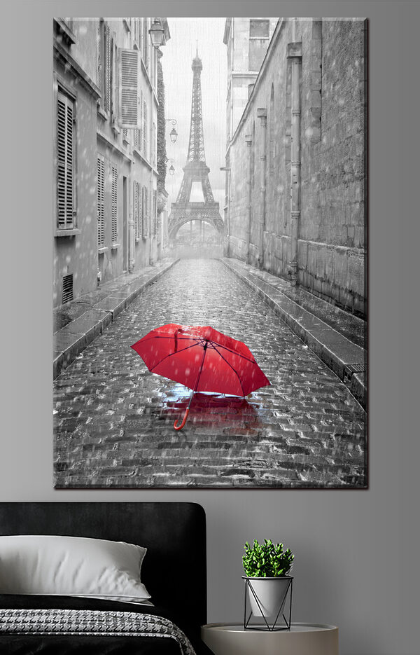 Umbrelă roșie pe o stradă umedă din Paris Tablouri Umbrelă roșie pe o stradă umedă din Paris