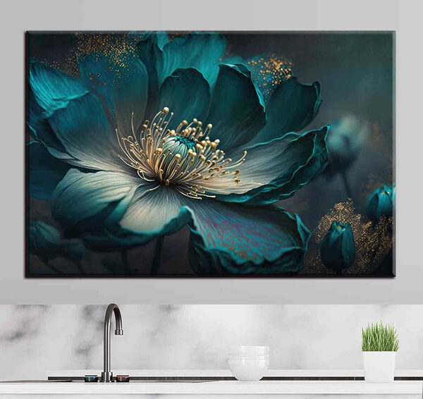 Floare teal luminoasă cu accente strălucitoare Tablouri Floare teal luminoasă cu accente strălucitoare
