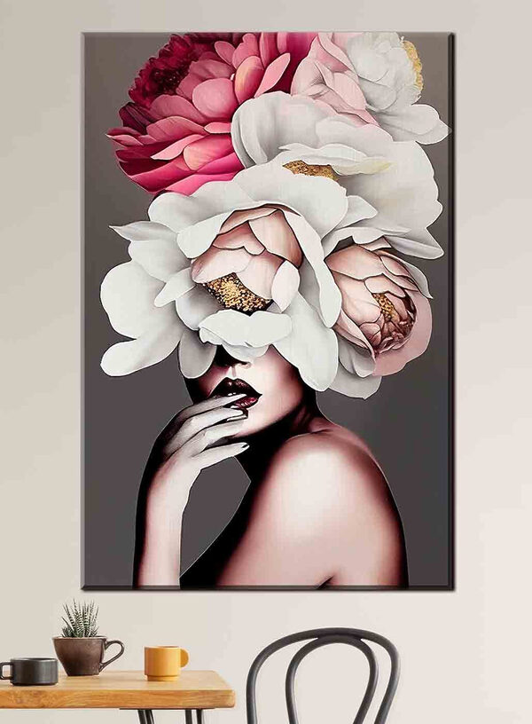 Eleganța florală îmbrățișează o siluetă misterioasă Tablouri Eleganța florală îmbrățișează o siluetă misterioasă