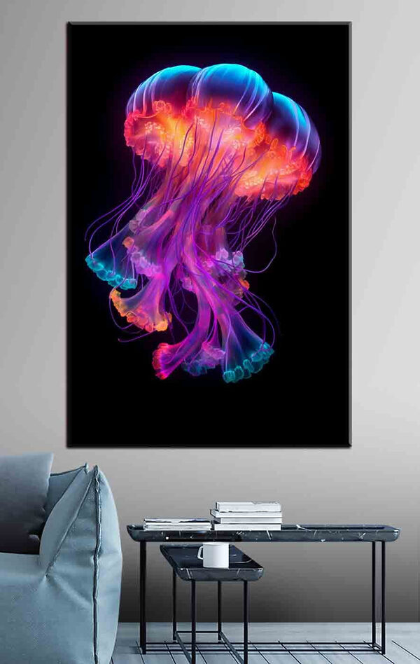 Meduze neon alunecând prin întuneric Tablouri Meduze neon alunecând prin întuneric