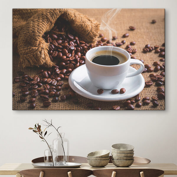 O ceașcă de cafea și o pungă de boabe de cafea Tablouri O ceașcă de cafea și o pungă de boabe de cafea