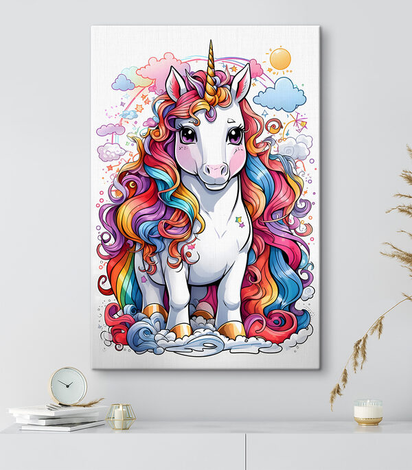 Desen animat al unui unicorn cu păr curcubeu Tablouri Desen animat al unui unicorn cu păr curcubeu