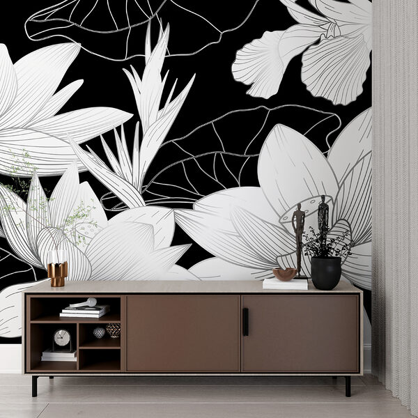 Design floral elegant în alb și negru Fototapet Design floral elegant în alb și negru