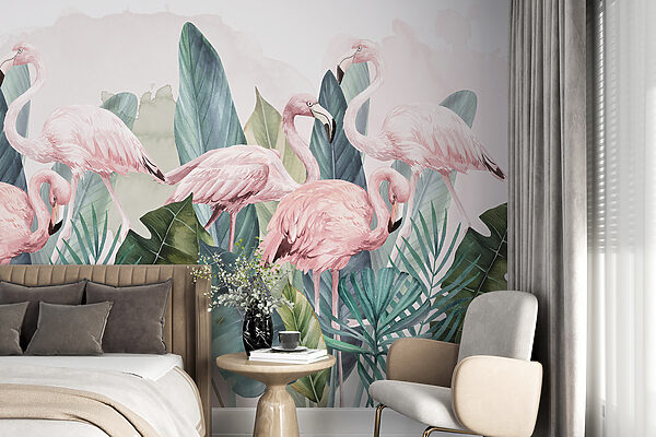 Grup de flamingo roz și frunze Fototapet Grup de flamingo roz și frunze