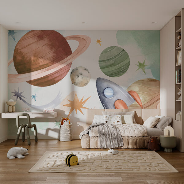 Rachetă care zboară pe lângă planete colorate Fototapet Rachetă care zboară pe lângă planete colorate