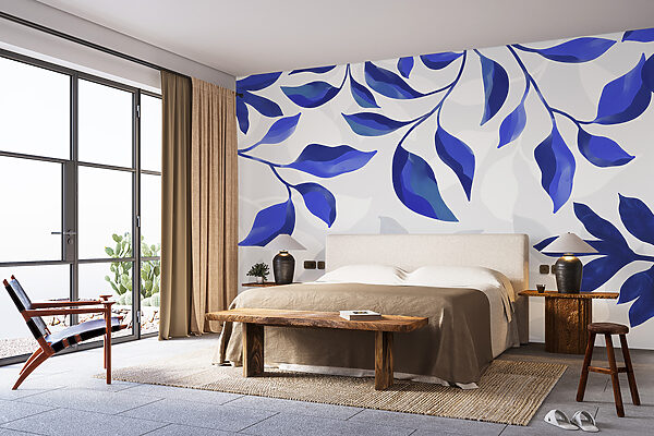 Fototapet Frunze albastre pe un fundal alb