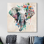 Tablouri Elefant înconjurat de flori colorate.