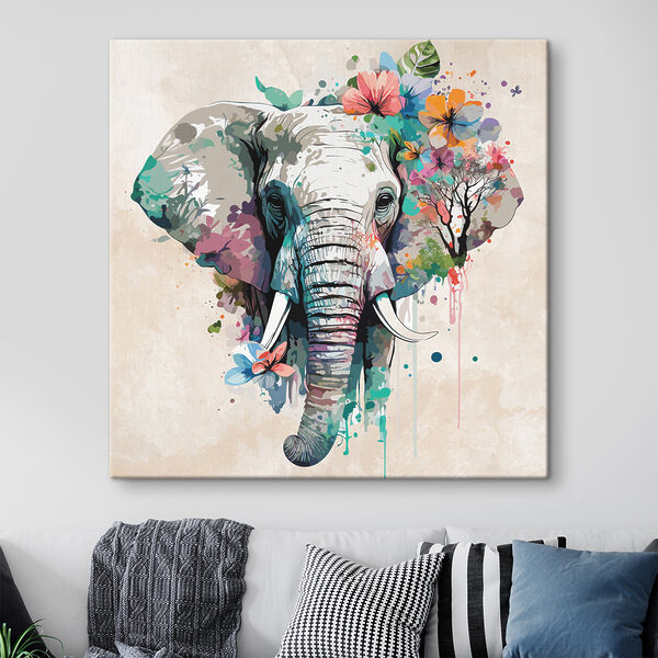 Elefant înconjurat de flori colorate Tablouri Elefant înconjurat de flori colorate