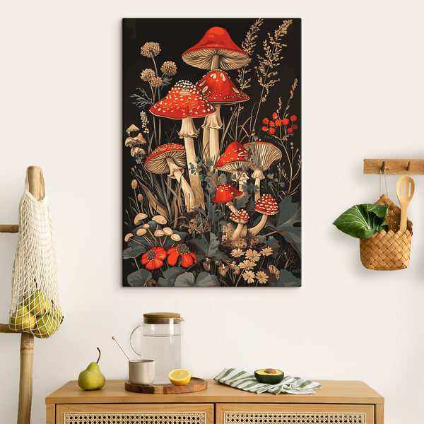 Ciuperci cu cap roșu în decor floral Tablouri Ciuperci cu cap roșu în decor floral