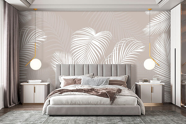 Fototapet Frunze albe de palmier pe fundal bej.