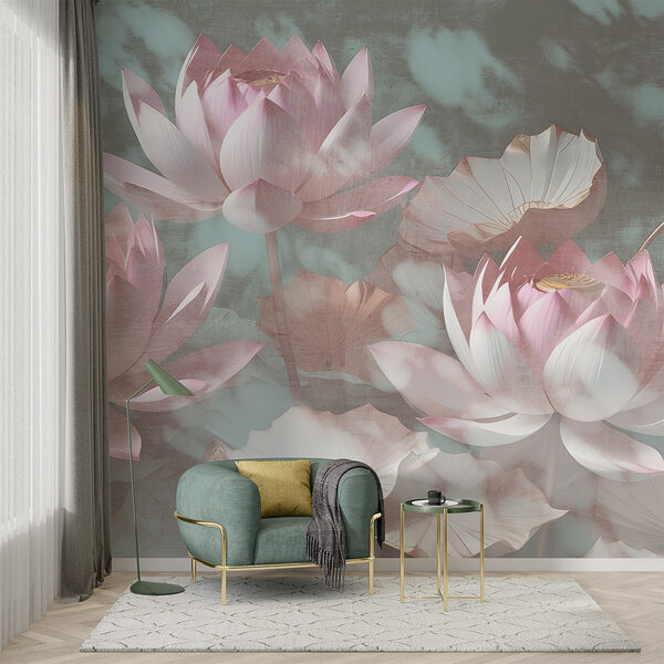 Floare de lotus pastel în mijlocul frunzelor Fototapet Floare de lotus pastel în mijlocul frunzelor
