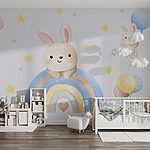 Fototapet Cartoon bunny pe un curcubeu