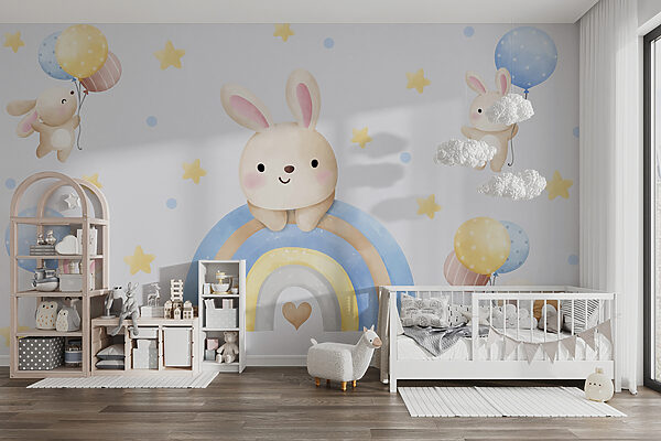 Fototapet Cartoon bunny pe un curcubeu