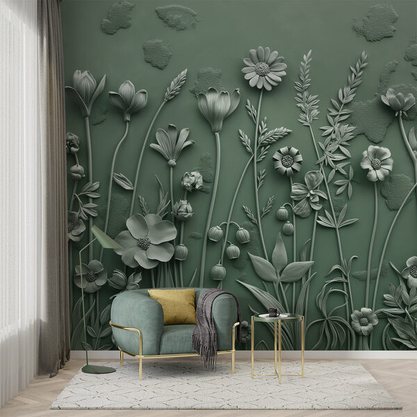 Fototapet Fototapet Sculptură gri de flori și plante (SKU: w07869v2)
