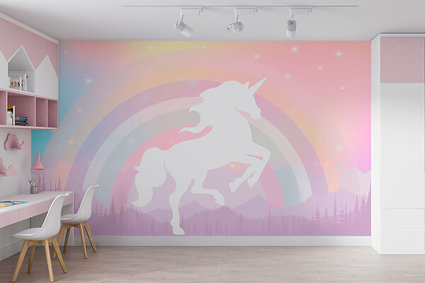 Unicorn cu un curcubeu și munți Fototapet Unicorn cu un curcubeu și munți
