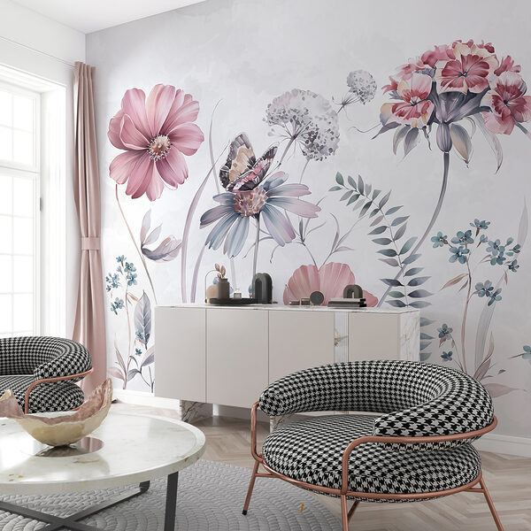 Fluture printre șoapte florale palide Fototapet Fluture printre șoapte florale palide