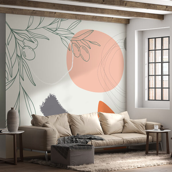 Design grafic al unei ramuri cu măsline și cercuri Fototapet Design grafic al unei ramuri cu măsline și cercuri