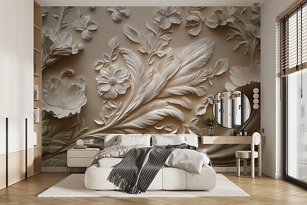 Design floral alb pe un perete Fototapet Design floral alb pe un perete