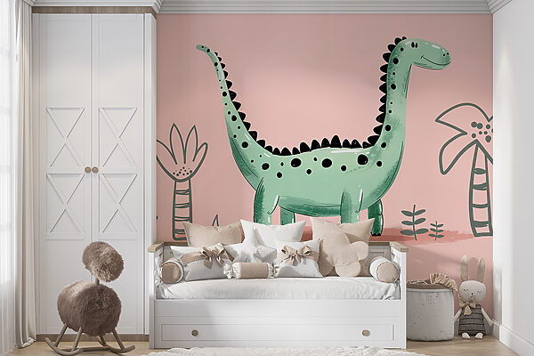 Fototapet Fototapet Cartoon dinozaur cu plante și frunze (SKU: w01357)