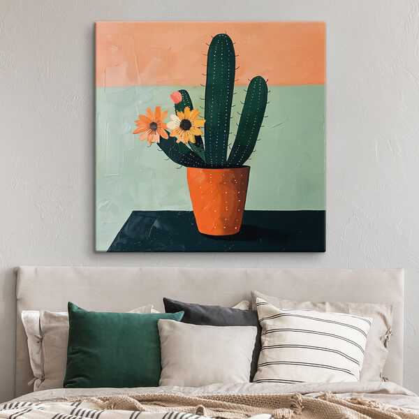Pictura unui cactus cu flori într-o oală Tablouri Pictura unui cactus cu flori într-o oală