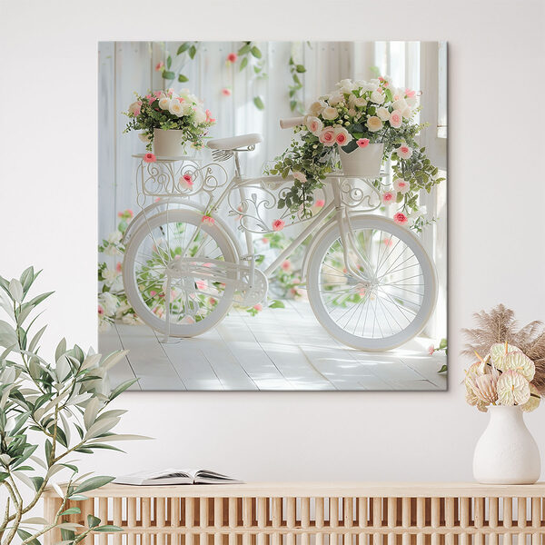 Bicicletă albă cu flori pe ea Tablouri Bicicletă albă cu flori pe ea