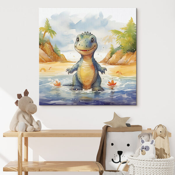 Tablouri Desen animat al unui dinozaur în picioare în apă