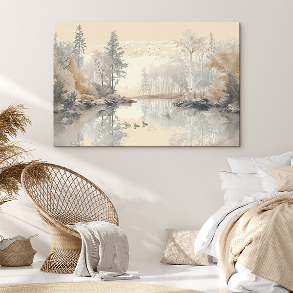 Tablou pe pânză Lac cu copaci și păsări