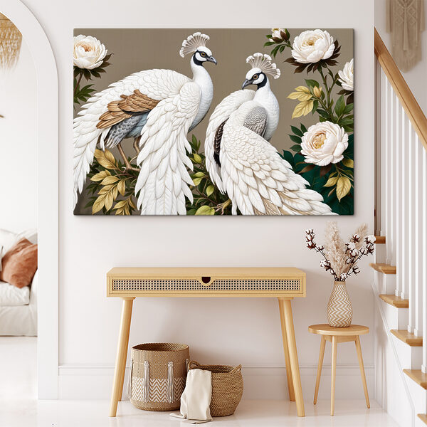 Tablouri Cuplu de păuni albi pe o ramură cu flori