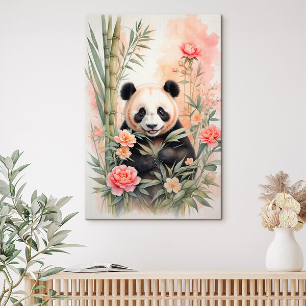 Urs panda cu flori și bambus Tablouri Urs panda cu flori și bambus