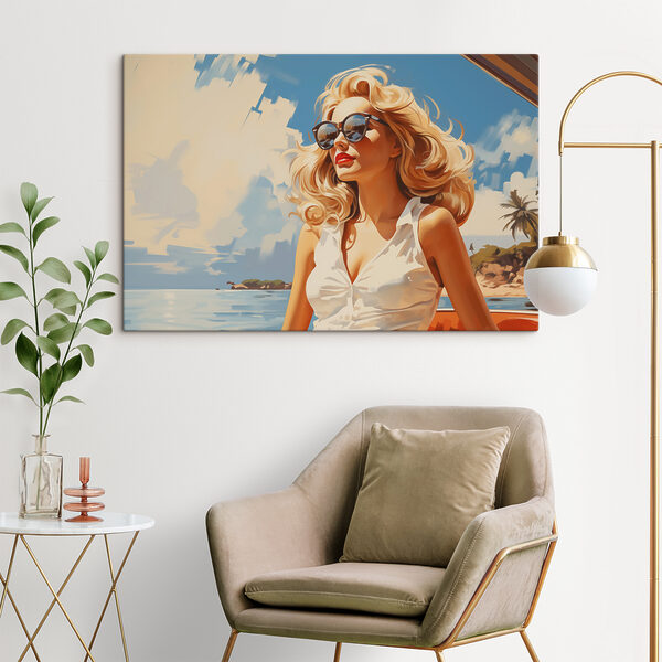 Tablouri Femeie care poartă ochelari de soare și o rochie albă