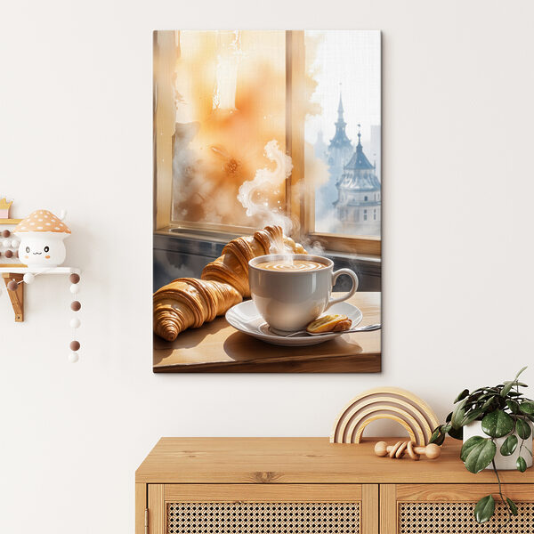 Ceașcă de cafea și croissante pe o masă Tablouri Ceașcă de cafea și croissante pe o masă
