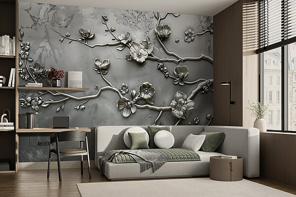Fototapet Design floral argintiu pe un perete
