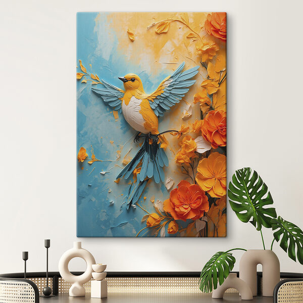 Canvas prints Bird on a branch with flowers Tablouri Canvas prints Bird on a branch with flowers