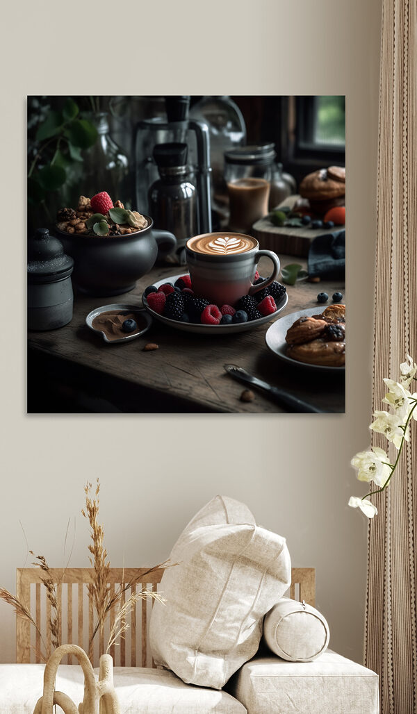 Ceașcă de cafea cu un latte art pe o farfurie cu fructe și cereale Tablouri Ceașcă de cafea cu un latte art pe o farfurie cu fructe și cereale