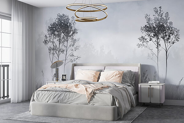 Fototapet Peisaj cețos cu copaci și iarbă