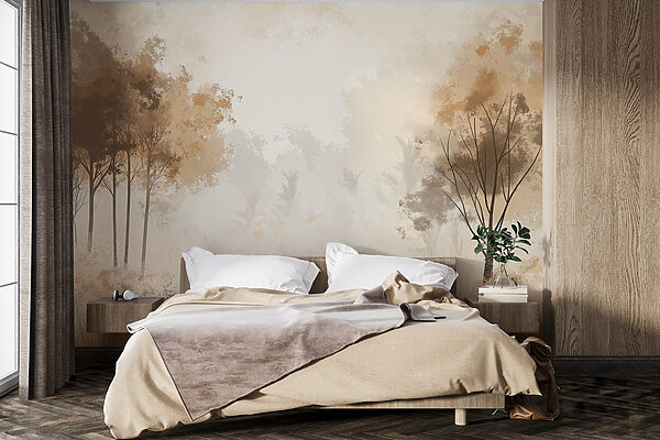 Fototapet Pădure cețoasă cu copaci și iarbă